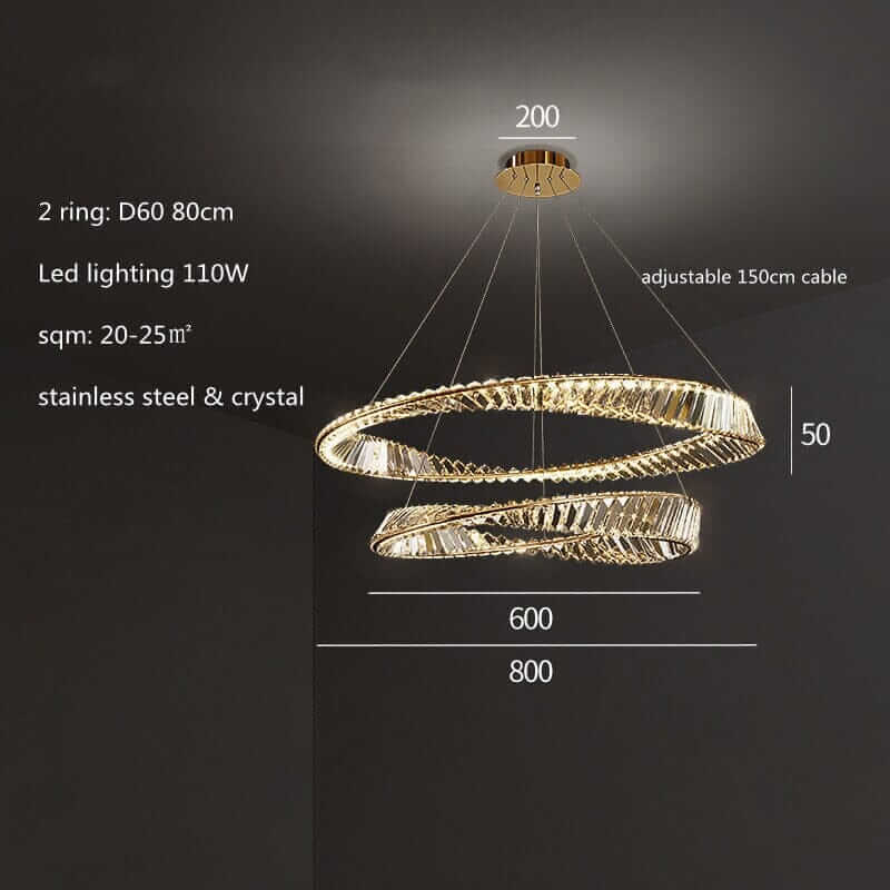 Gold chandelier with two rings, stainless steel and crystal, providing elegant lighting for living rooms.