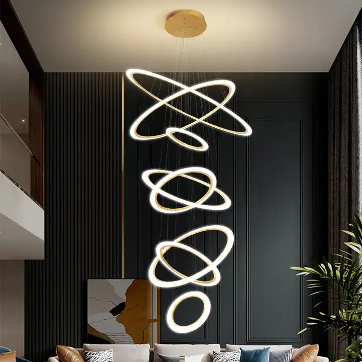 Modern 5-ring LED ceiling chandelier bringing elegance and style to home decor.