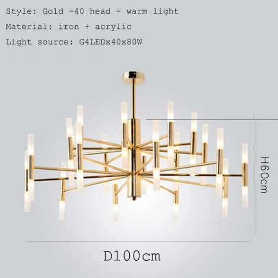 Gold designer LED ceiling light with acrylic accents, warm light, modern chandelier style, 100cm diameter, 60cm height.