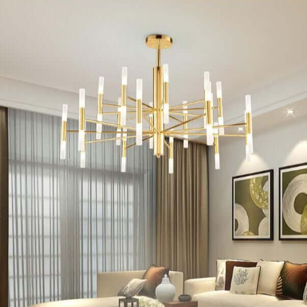 Fernandez Designer Gold LED Ceiling Light elegantly illuminating a modern living room with stylish decor.