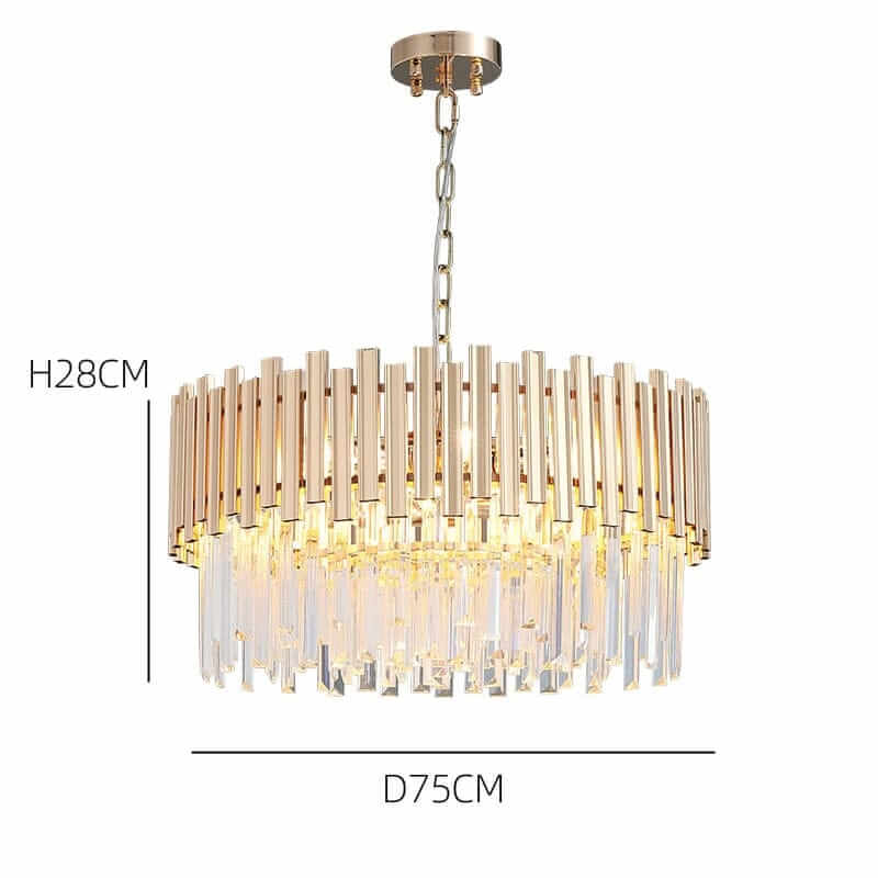 Gold chandelier with crystal accents, contemporary design, 28cm height, 75cm diameter, elegant lighting fixture.