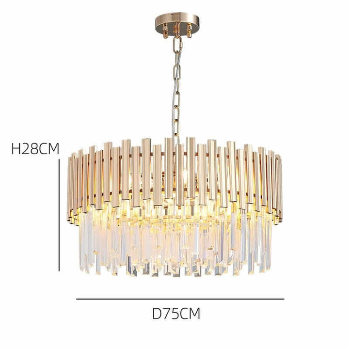 Gold chandelier with crystal accents, contemporary design, 28cm height, 75cm diameter, elegant lighting fixture.