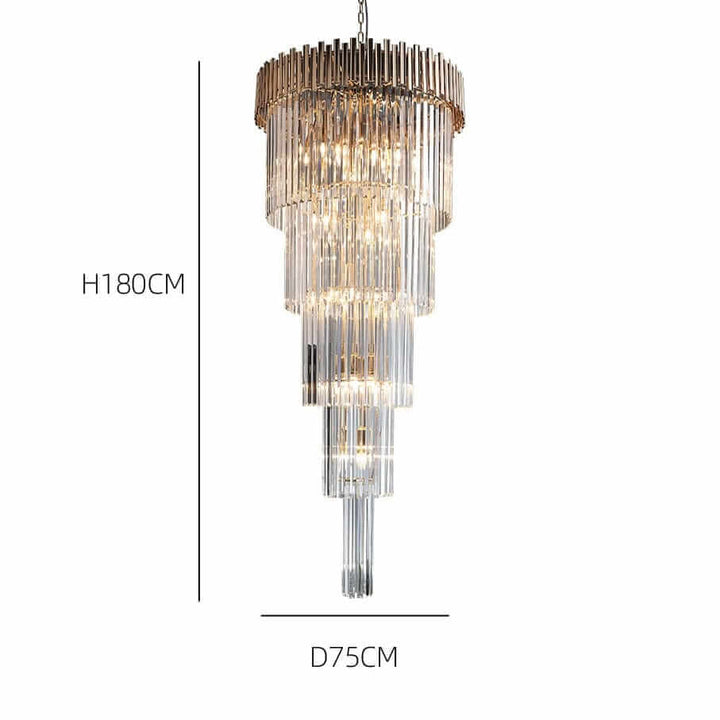 Gold chandelier in contemporary design, H180CM and D75CM, showcasing luxury with crystal details.
