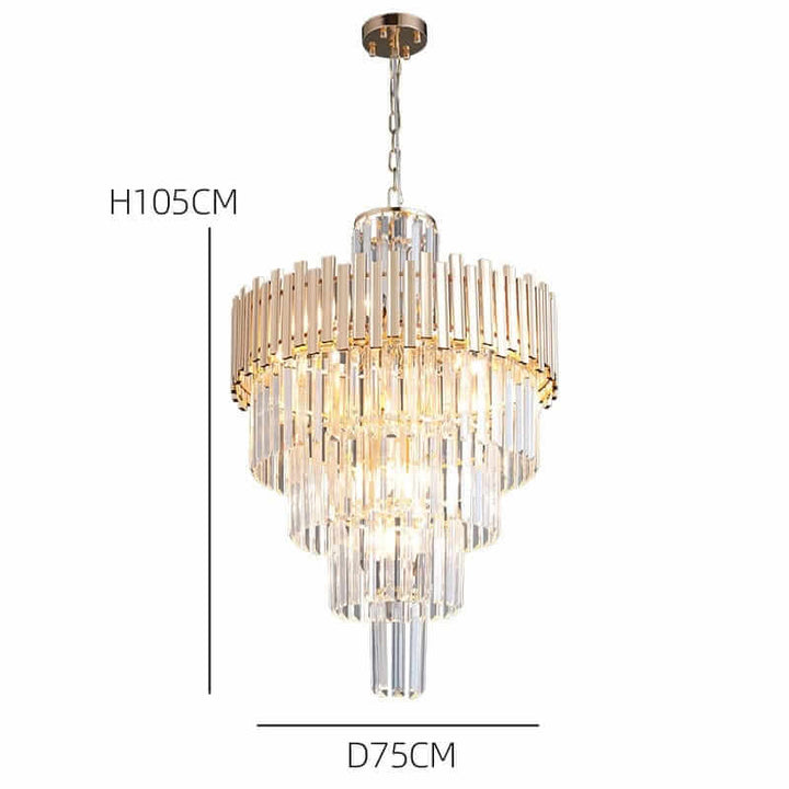 Elegant gold chandelier with crystal accents, 105cm height and 75cm diameter, perfect for modern decor.
