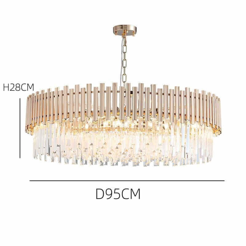 Gold chandelier with crystal accents, contemporary design, dimensions H28CM and D95CM, ideal for elegant lighting.
