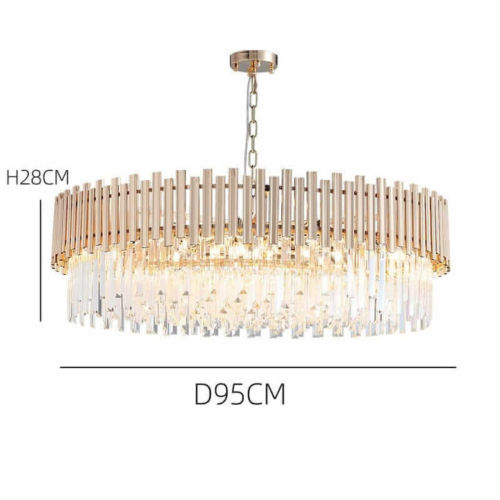 Gold chandelier with crystal accents, contemporary design, dimensions H28CM and D95CM, ideal for elegant lighting.