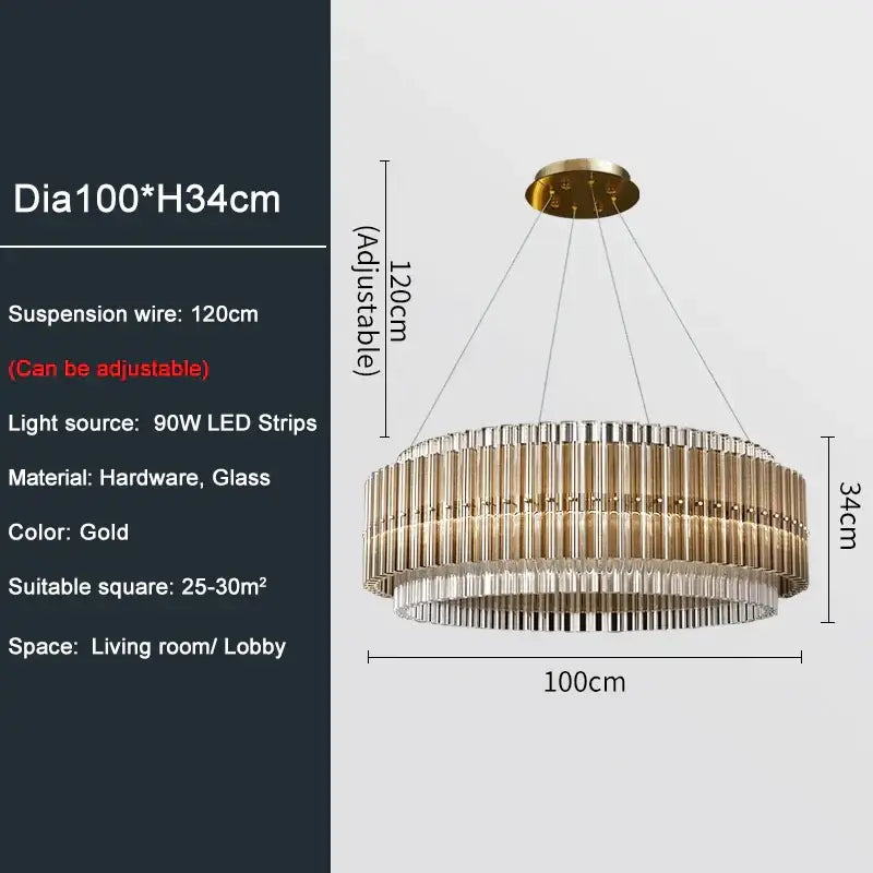 Elegant gold chandelier with adjustable suspension wire, suitable for living rooms or lobbies, featuring a round design and LED lights.