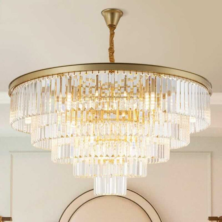 Gemima Round Golden Crystal Chandelier featuring elegant crystal design and luxurious golden accents.
