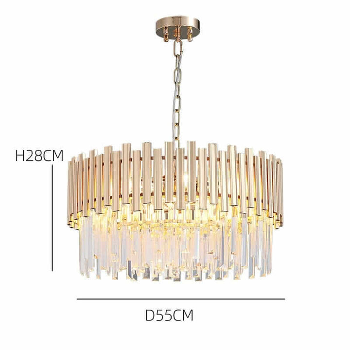 Gold chandelier with contemporary design, featuring crystal accents and dimensions of H28CM and D55CM.