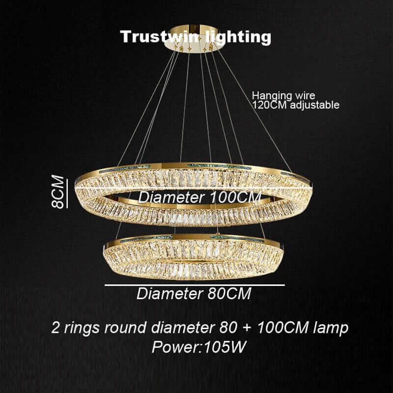 Luxurious dual ring foyer chandelier with K9 crystals, adjustable hanging wire, 105W power, stylish home lighting.