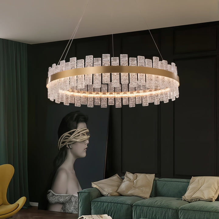 Gold Chandelier - Linear Chandelier in modern living room with elegant design and glass elements.