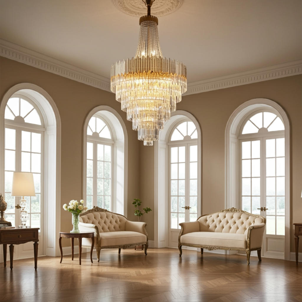 Gold Crystal Chandelier | Staircase LED Light — Organic Modern Foyer