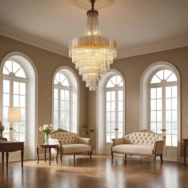 Gold Crystal Chandelier | Staircase LED Light — Organic Modern Foyer
