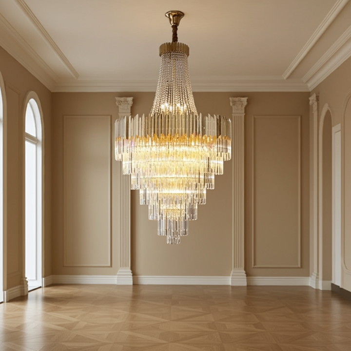 Gold Crystal Chandelier | Staircase LED Light — Organic Modern Foyer