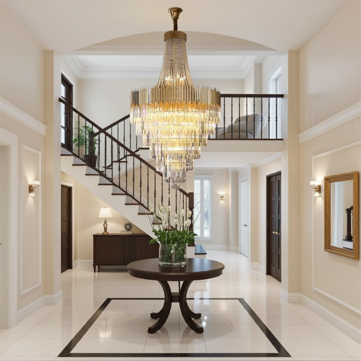Gold Crystal Chandelier | Staircase LED Light — Organic Modern Foyer