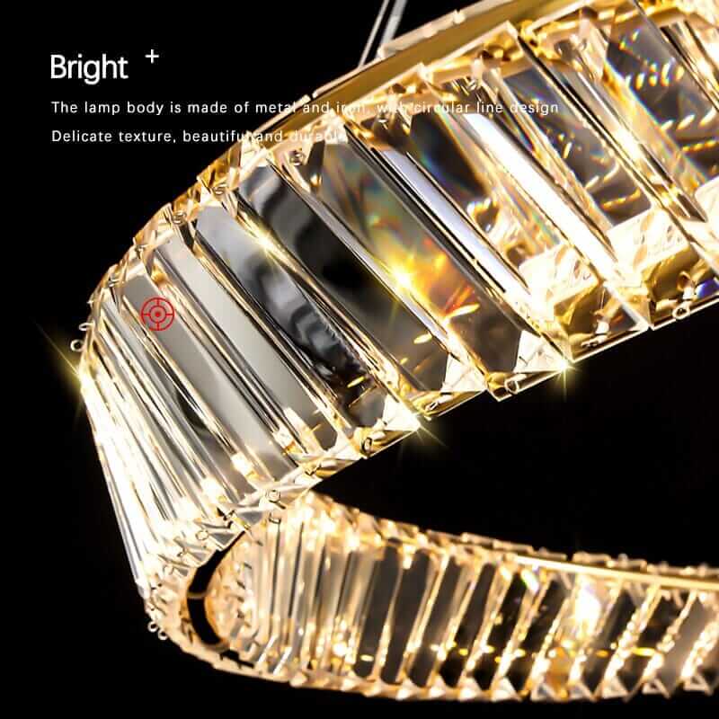 Elegant gold chandelier with crystal accents, perfect for adding luxury and brightness to any living room.