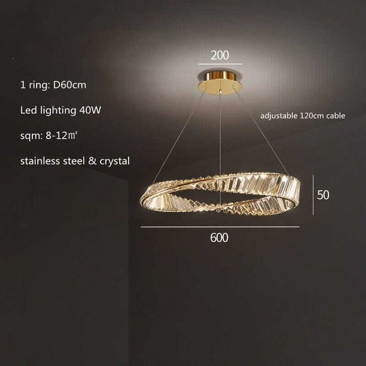 Elegant gold chandelier with crystal design, 40W LED lighting, and adjustable cable for luxurious ambiance.