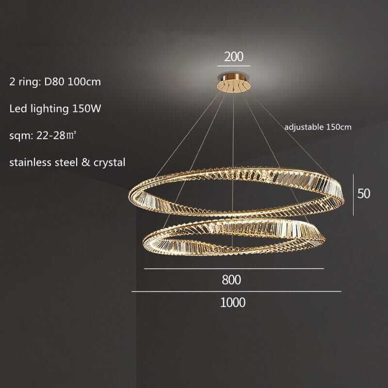 Gold chandelier with two rings made of stainless steel and crystal, featuring adjustable LED lighting for luxury ambiance.