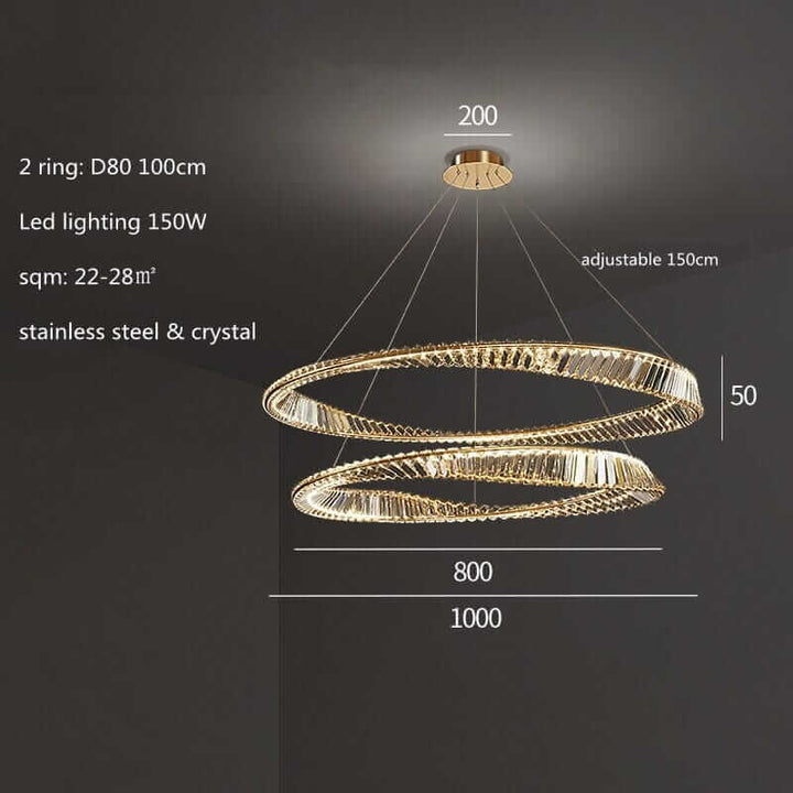Gold chandelier with two rings made of stainless steel and crystal, featuring adjustable LED lighting for luxury ambiance.