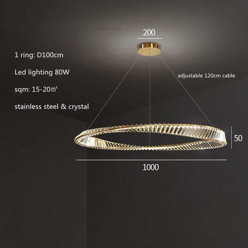 Elegant gold chandelier with crystal accents, 100cm diameter, 80W LED lighting, adjustable cable, perfect for luxury interiors.