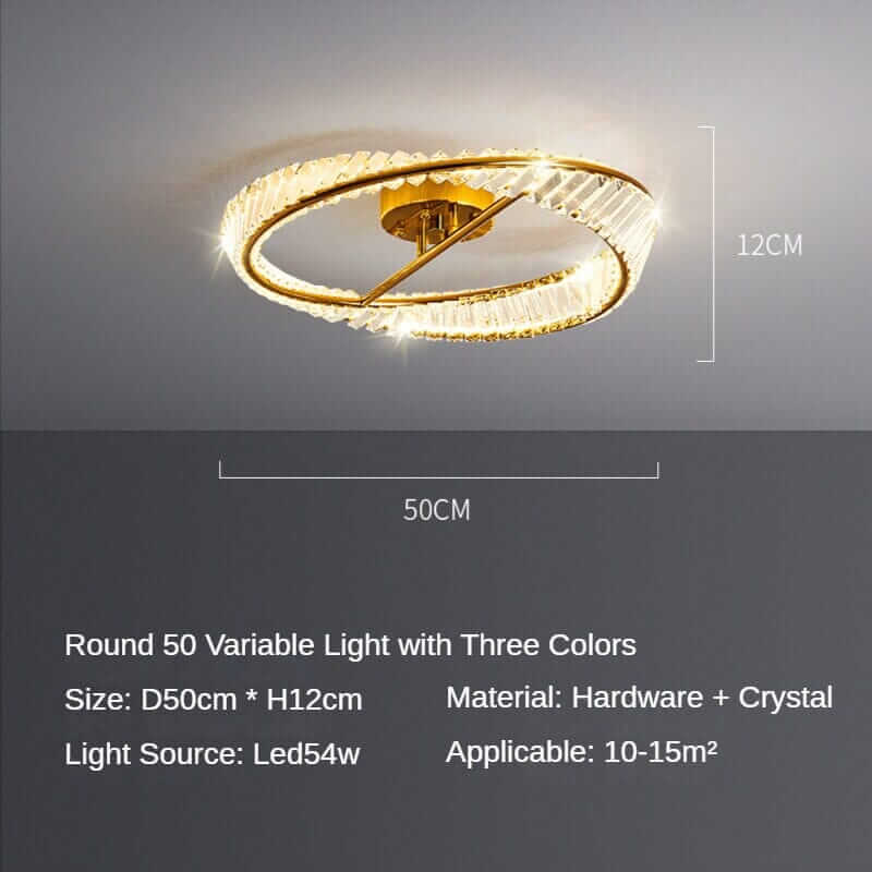 Round gold chandelier with three-color variable light, 50cm diameter, 12cm height, made of crystal and hardware.
