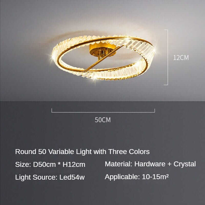 Round gold chandelier with three-color variable light, 50cm diameter, 12cm height, made of crystal and hardware.