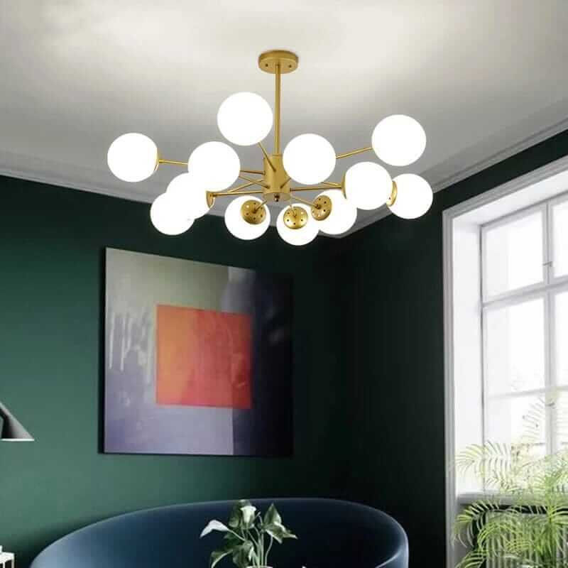 Bubble Sputnik Chandelier illuminating a stylish green room with modern decor and soft ambient lighting.