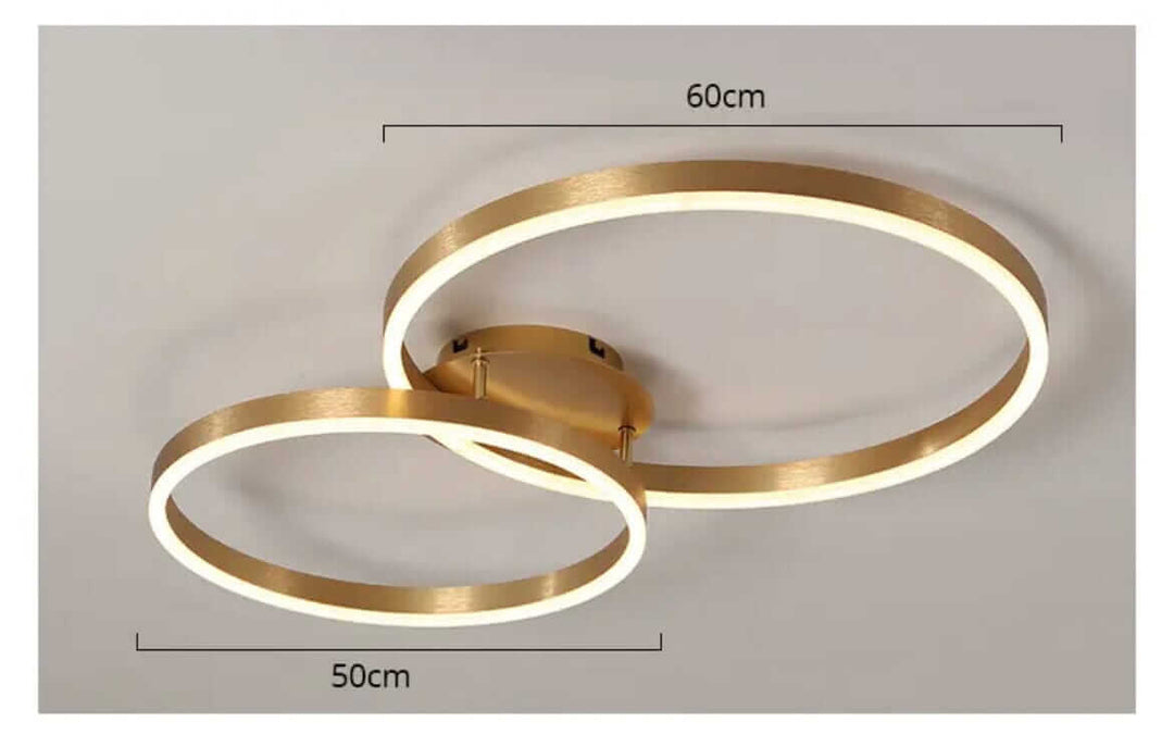 LED chandelier with a modern design featuring two golden circular rings, measuring 60cm and 50cm, adding elegance to any space.
