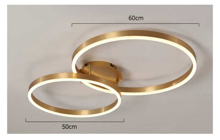 LED chandelier with a modern design featuring two golden circular rings, measuring 60cm and 50cm, adding elegance to any space.