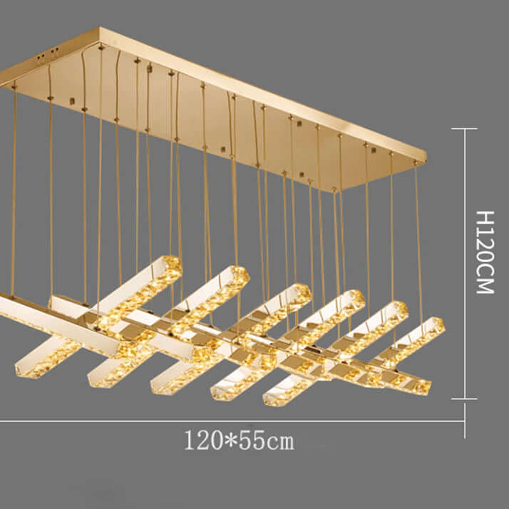 Gold pendant light fixture with dimensions on a gray background