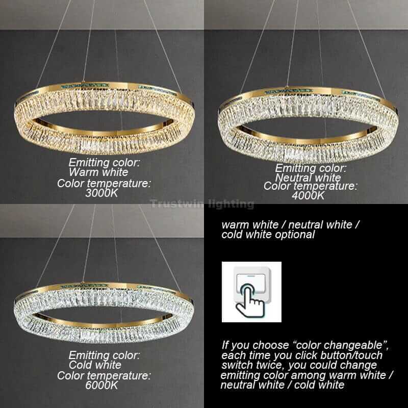 Foyer chandelier showcasing three emitting colors: warm white, neutral white, and cold white with a touch control option.