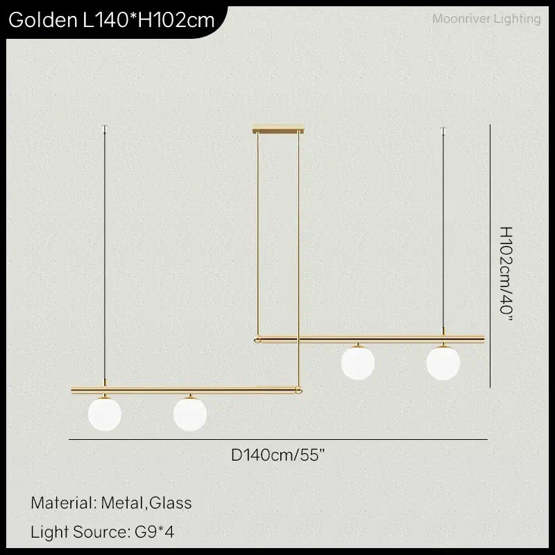 Stylish golden chandelier design with three frosted globes for kitchen islands, measuring 140cm in length and 102cm height.