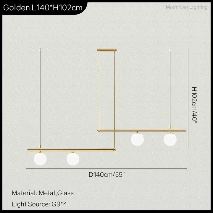 Stylish golden chandelier design with three frosted globes for kitchen islands, measuring 140cm in length and 102cm height.
