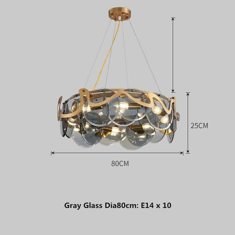 Modern gray glass chandelier with gold accents, diameter 80cm, height 25cm, featuring E14 light sockets.