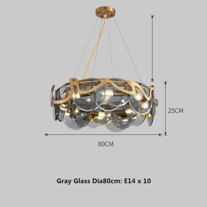 Modern gray glass chandelier with gold accents, diameter 80cm, height 25cm, featuring E14 light sockets.