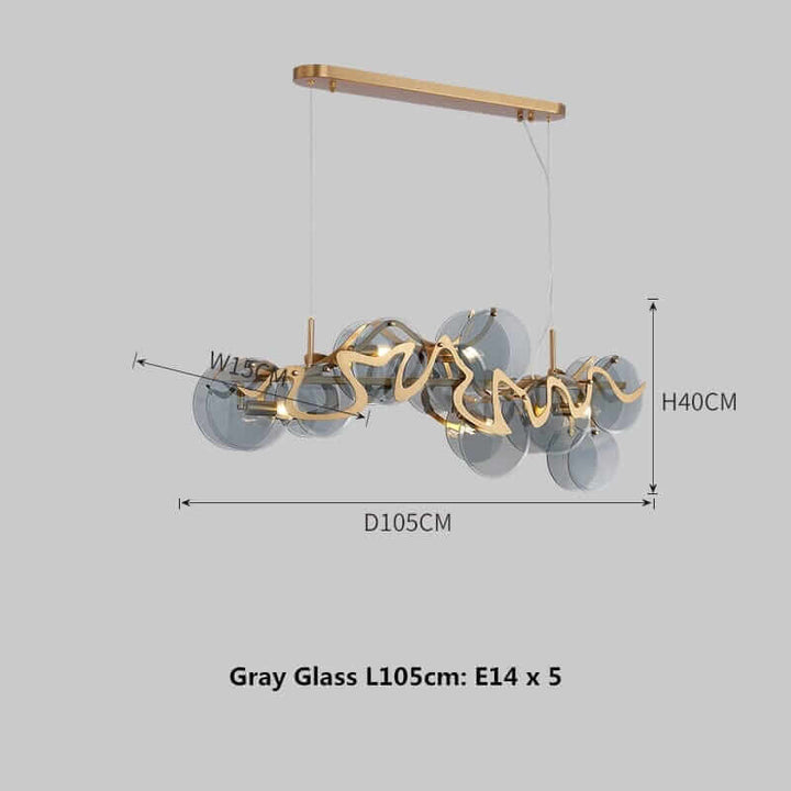 Modern gray glass chandelier with gold accents, dimensions L105cm H40cm, E14 bulbs, elegant design for contemporary spaces.