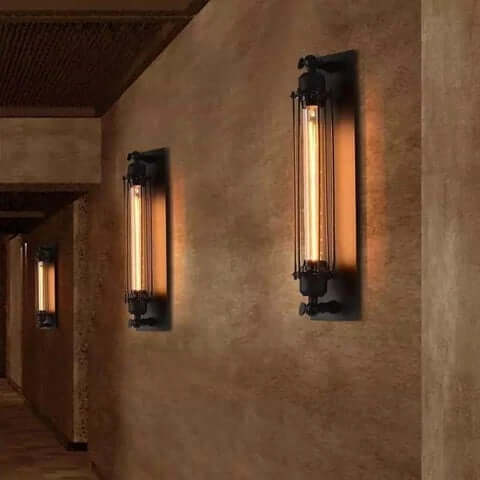 Industrial Wall Light | Black Cage Wall Sconce — Vintage Edison Hallway