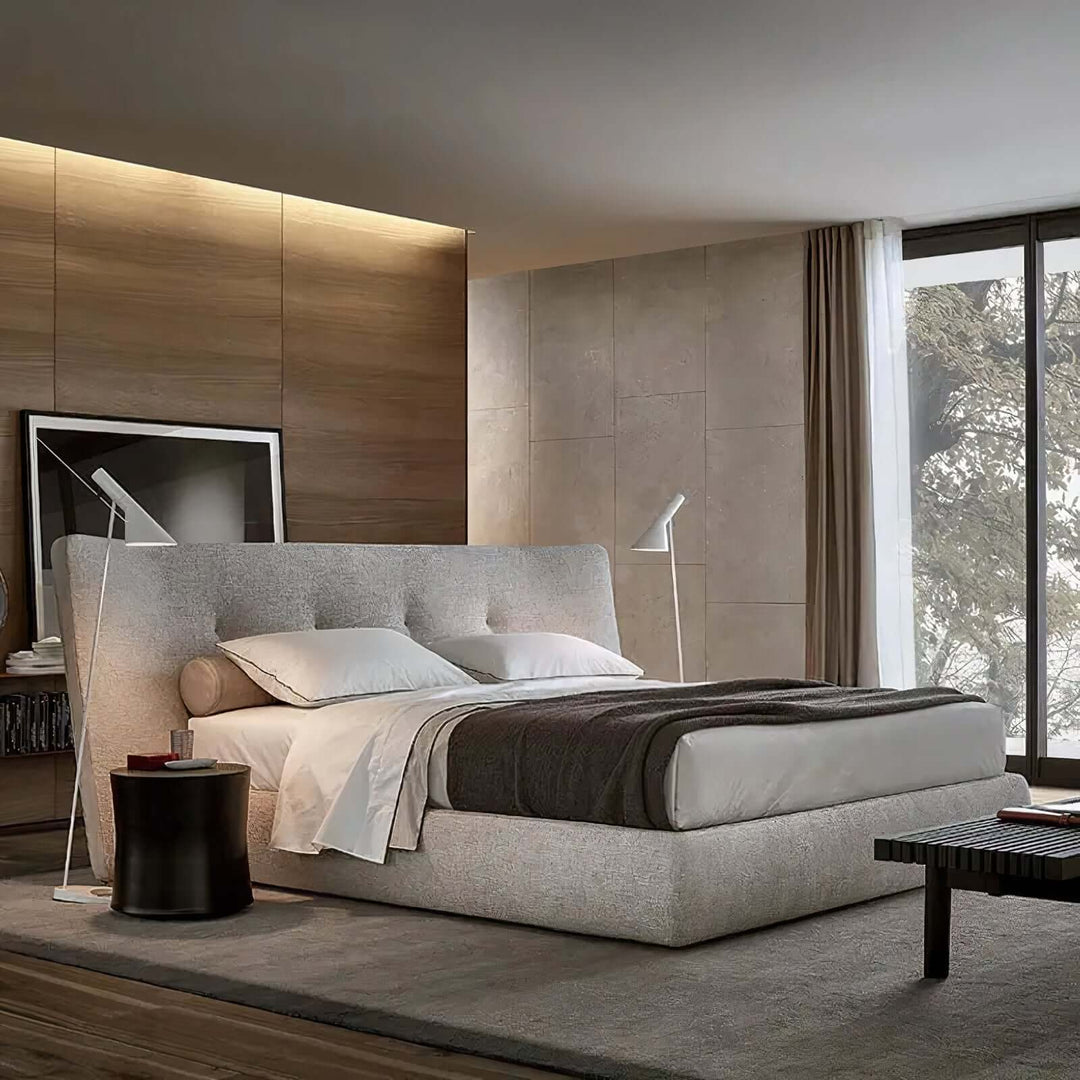 King Bed Beds - California King Bed in light grey linen with curved backrest, enhancing luxury and elegance.