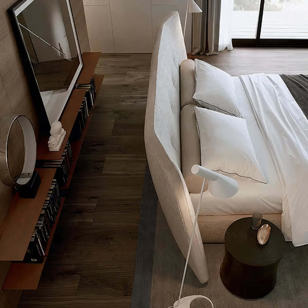 King Bed Beds - California King Bed in light grey linen with elegant curved backrest in stylish bedroom setting.