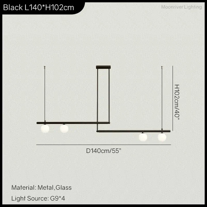 Black and gold chandelier dimensions 140cm long, 102cm high, featuring frosted globes, perfect for kitchens.