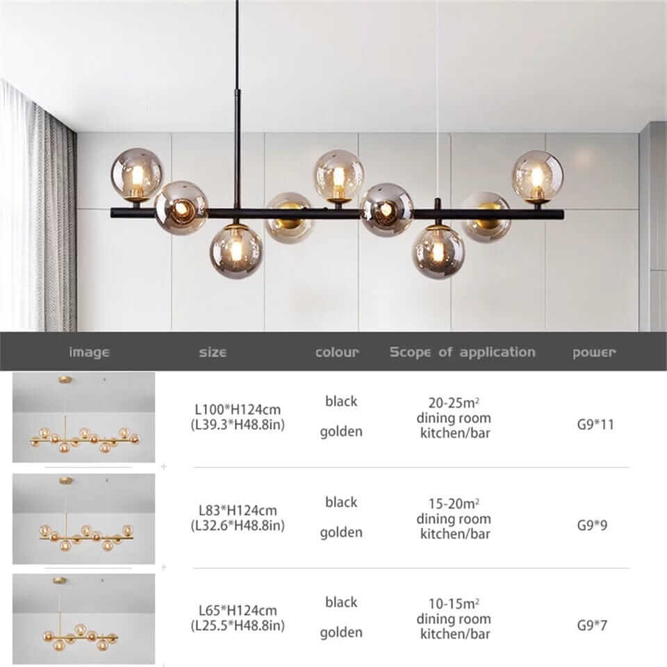 Stylish Bubble Chandelier in black and gold, perfect for dining rooms or kitchens, showcasing various sizes and applications.