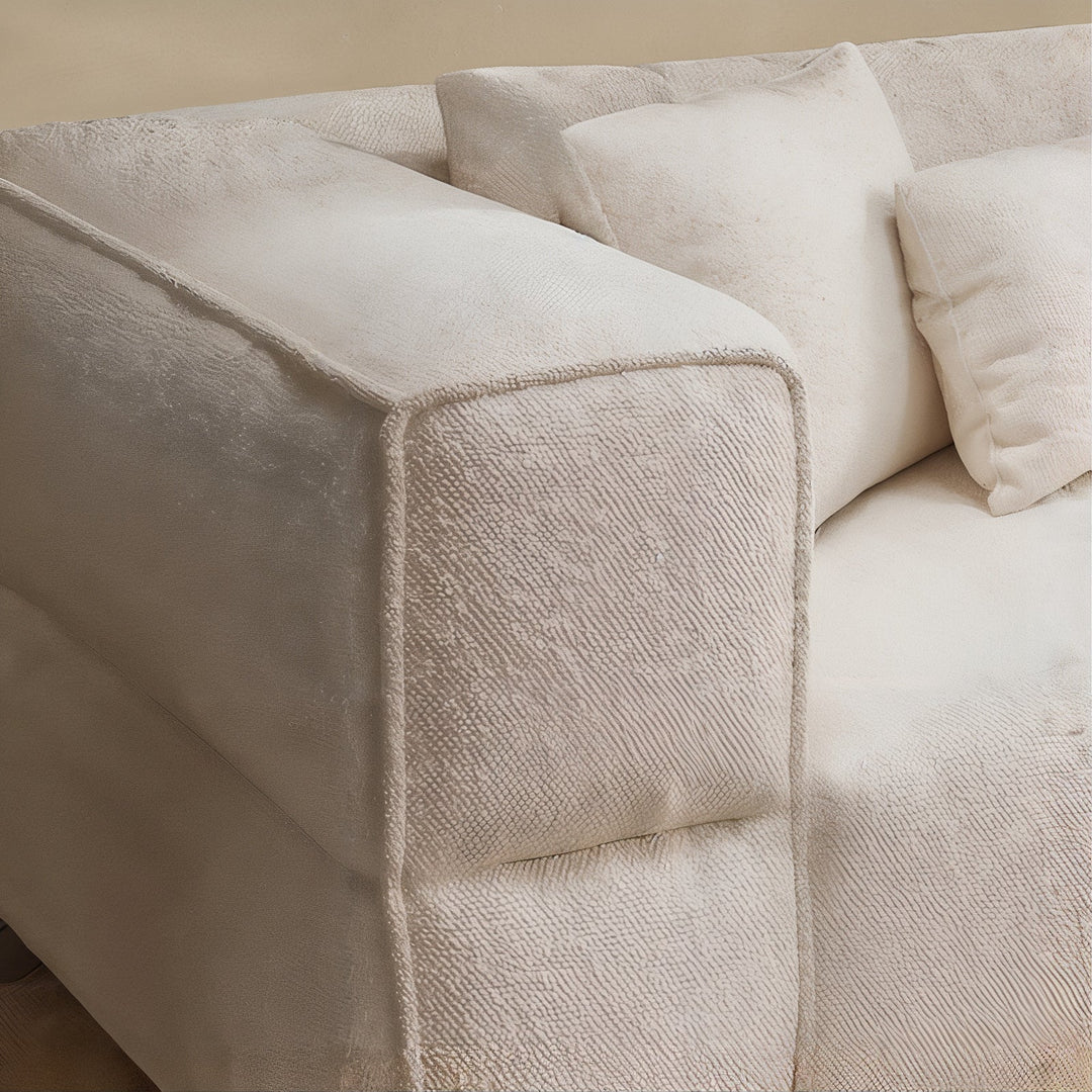 Living Room Sofa Set - Fabric Sofa close-up of luxurious bouclé upholstery and soft cushions