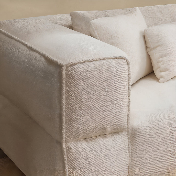 Living Room Sofa Set - Fabric Sofa close-up of luxurious bouclé upholstery and soft cushions