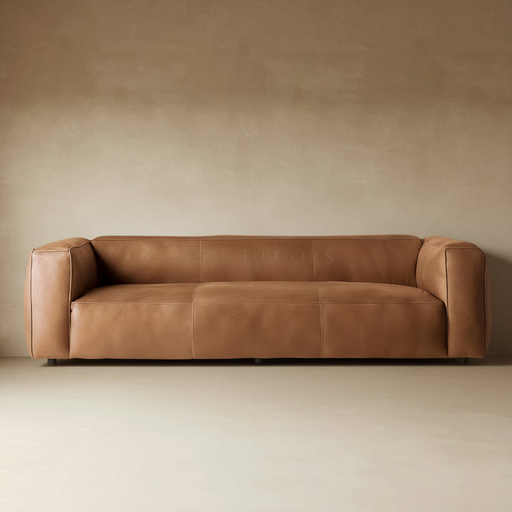 Living Room Sofa Set - Leather Sofa Set in cognac leather with low-slung silhouette and rounded arms.