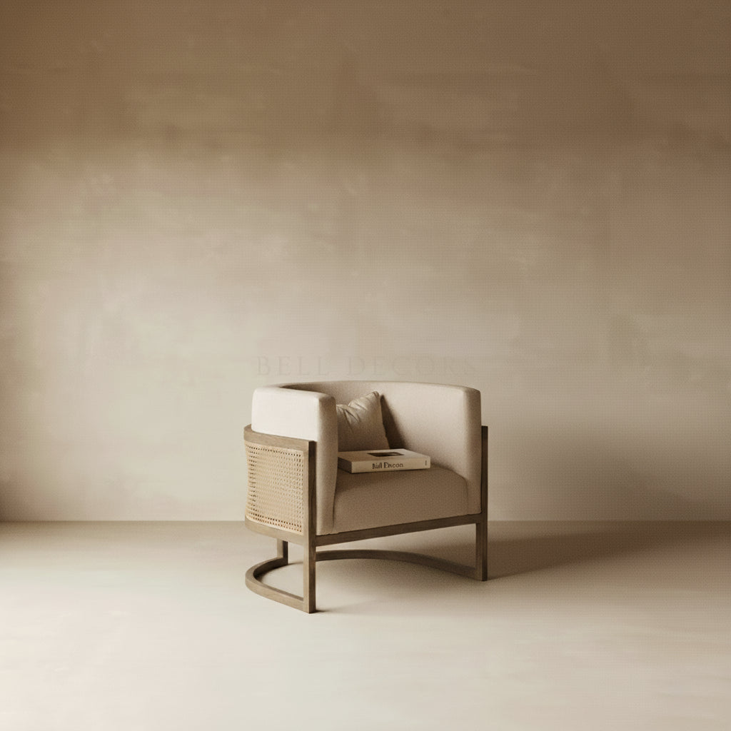 Lounge Chair - Comfortable Reading Chair featuring neutral linen upholstery and rattan frame, ideal for relaxation.
