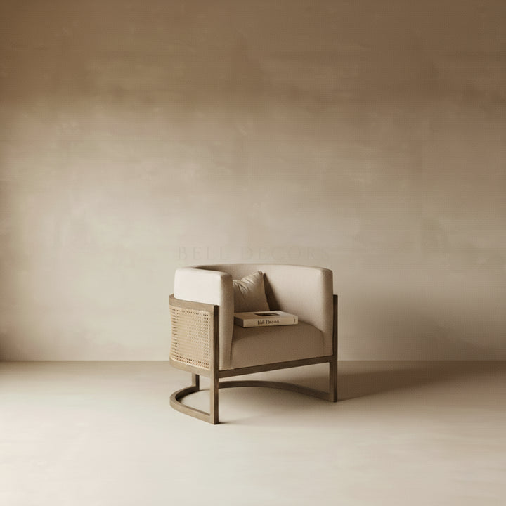 Lounge Chair - Comfortable Reading Chair featuring neutral linen upholstery and rattan frame, ideal for relaxation.