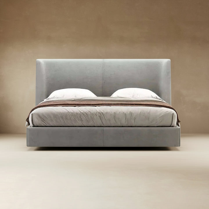 Queen Size Bed - King Bed Beds with luxurious velvet upholstery and oversized headboard in a serene neutral shade.