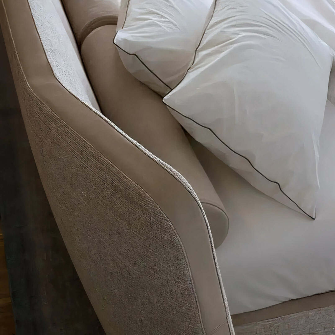 King Bed Beds - California King Bed showcasing light grey linen with elegant curved backrest and pillows.