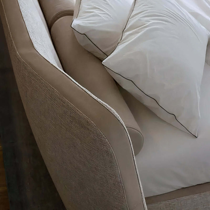 King Bed Beds - California King Bed showcasing light grey linen with elegant curved backrest and pillows.