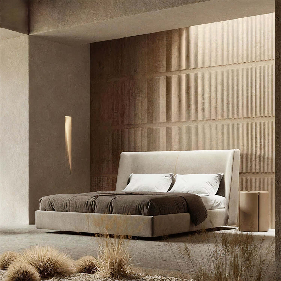 Queen Size Bed - King Bed Beds featuring luxurious velvet upholstery and oversized headboard in serene bedroom setting.